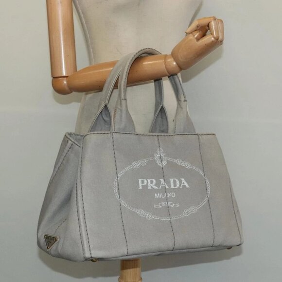 PRADA Canapa MM Hand Bag Canvas Gray Gold Auth - Picture 1 of 16